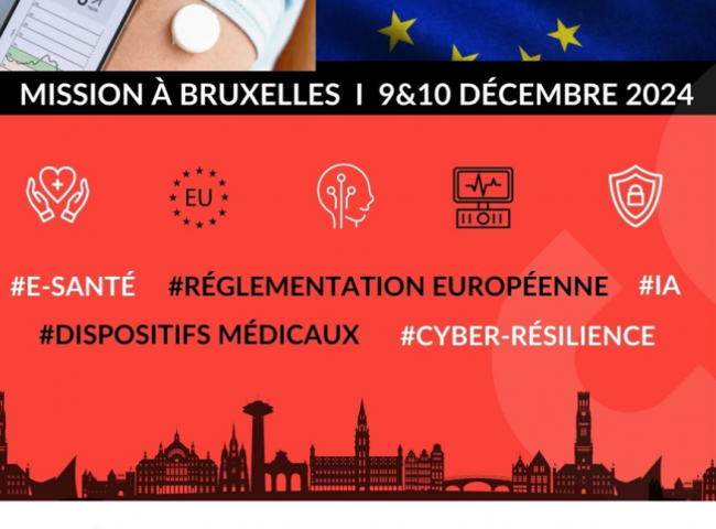 Visuel de la mission d'étude ayant lieu à Bruxelles sur la réglementation des dispositifs médicaux, l’IA et la cyber-résilience.